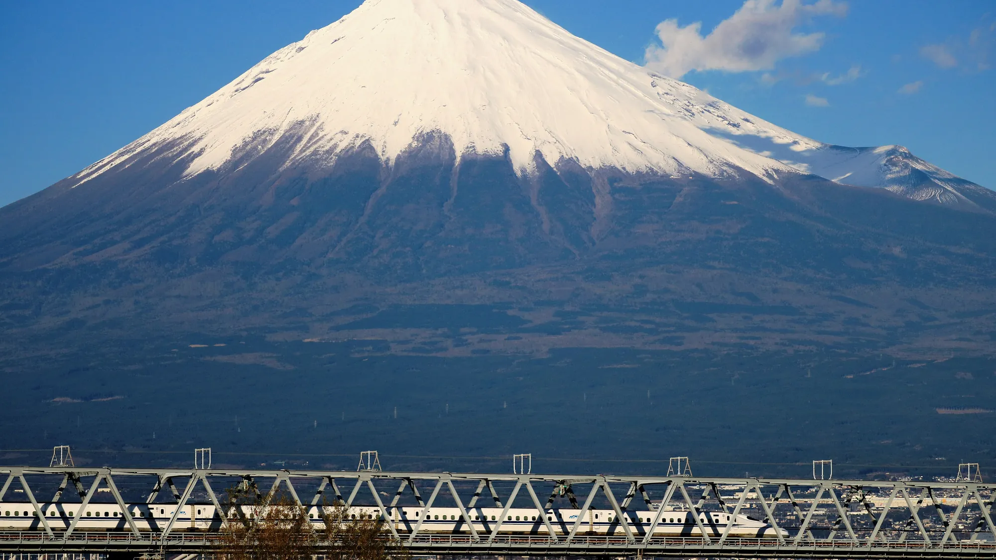 Shinkansen bullet train passing Mount Fuji